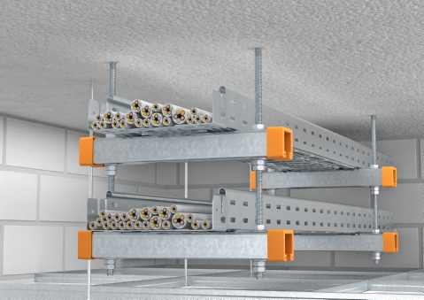Deckenmontage von zwei übereinanderliegenden Kabelrinnen mit Gewindestangensicherung